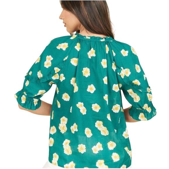 Daniel Rainn Plus 2X Green Floral Ruffle Blouse Linen Cotton Peasant Top - Picture 7 of 7